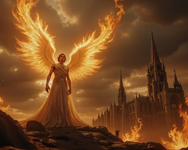 Majestic angel with fiery wings and grand cathedral