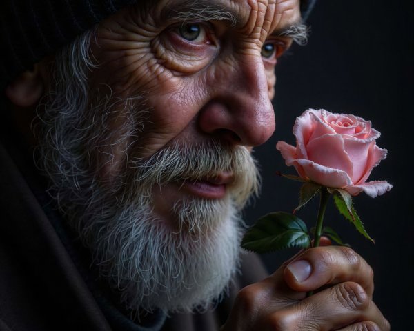 Close-Up Portrait of an Old Homeless Man with Rose