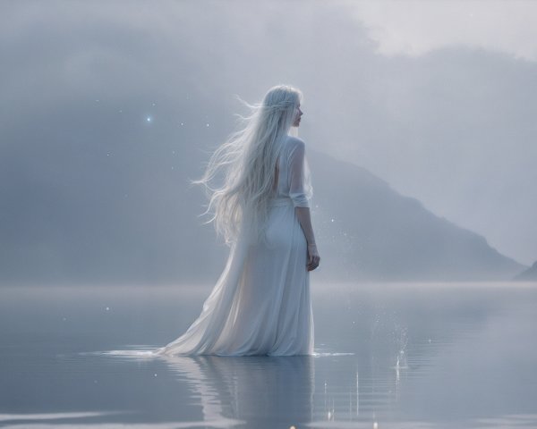 Lone figure in white gown by misty mountains and water