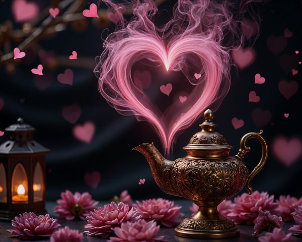 Brass Teapot Surrounded by Pink Lotus Flowers and Smoke