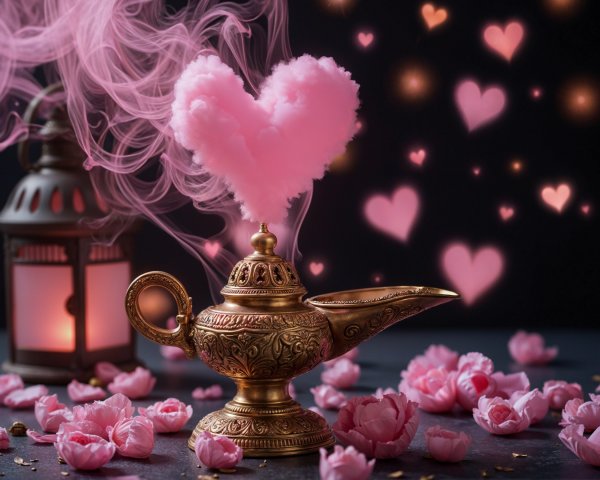 Vintage brass lamp with pink smoke and rose petals
