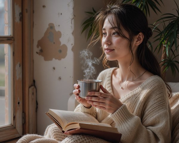Young woman in cozy sweater by window with book