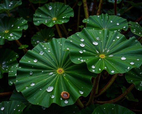 Vibrant Green Lotus Leaves with Water Droplets Close-Up