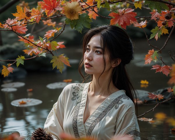 Young Woman in Robe Amidst Autumn Leaves and Pond