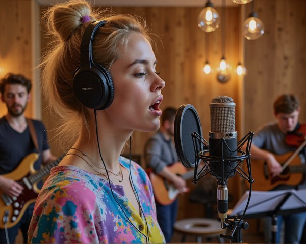 Cozy Studio Scene with Young Woman Singing and Musicians