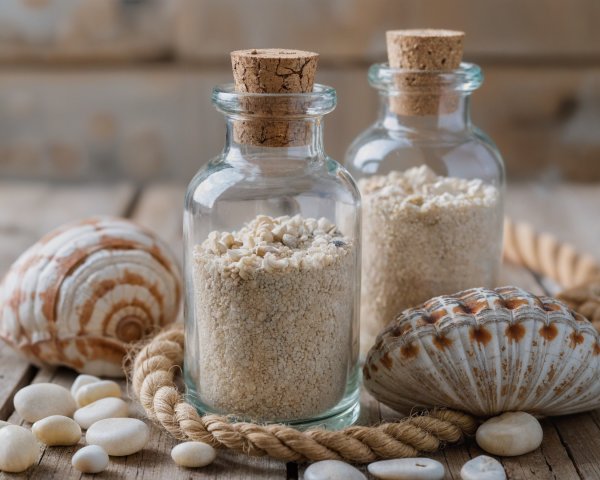 Glass Jars with Sand and Coastal Decor Elements