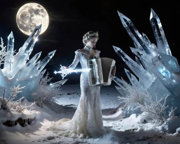 Ice Queen in White Dress with Accordion Under Full Moon