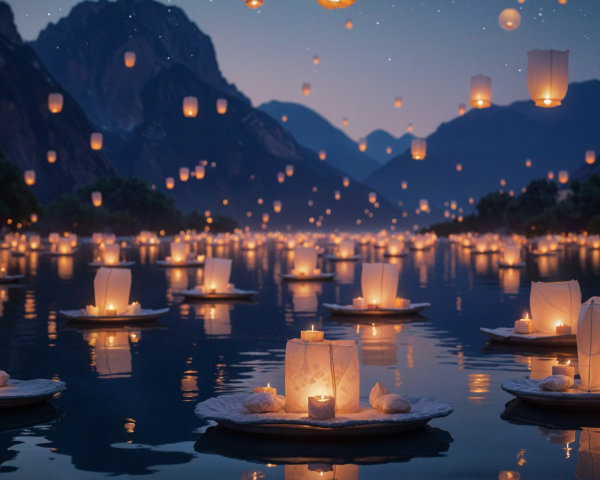 Tranquil Lake Evening with Floating Lanterns and Mountains