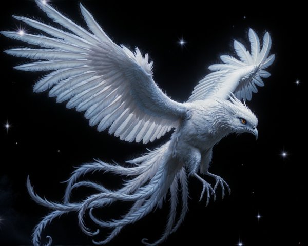 White Phoenix Soaring in Starry Night Sky