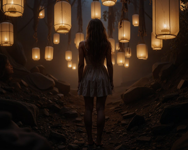 Young woman in a lantern-lit mystical forest setting