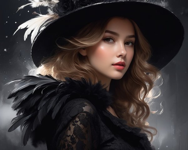 Elegant Woman in Black Hat with Dramatic Neckline