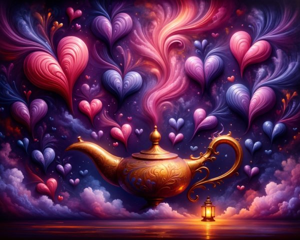 Ornate golden genie lamp with colorful heart smoke