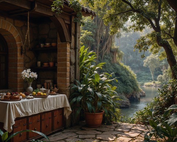 Rustic Outdoor Setting with Stone House and Feast