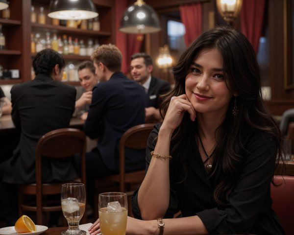 Young Woman Smiling in Cozy Bar Setting with Friends