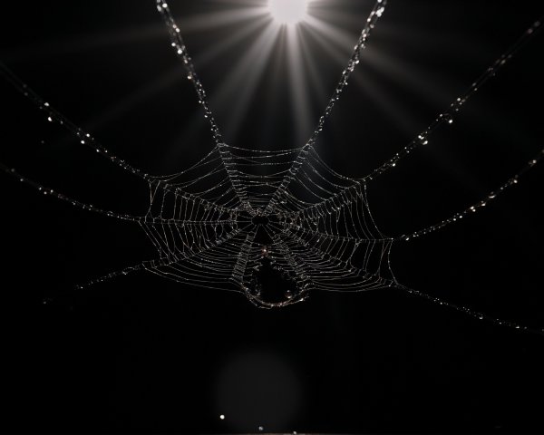 Delicate Spider Web with Water Droplets Against Darkness
