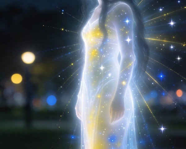 Wistful Woman in Ethereal Glowing Gown with Bokeh Lights