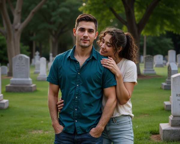 Young couple in serene cemetery with gravestones