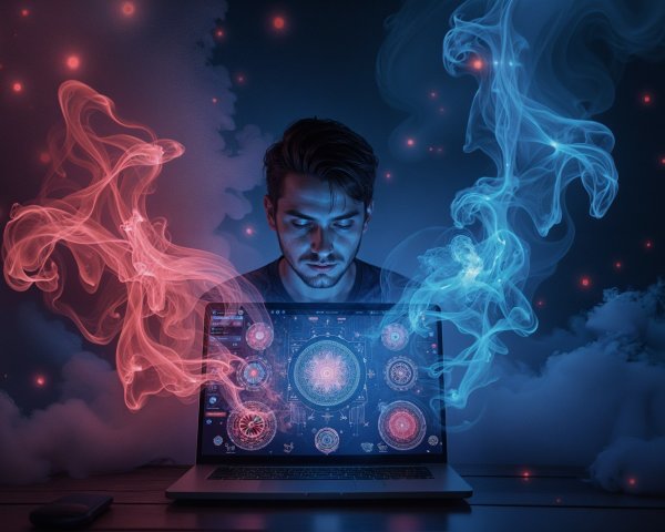 Young man with laptop amidst red and blue smoke