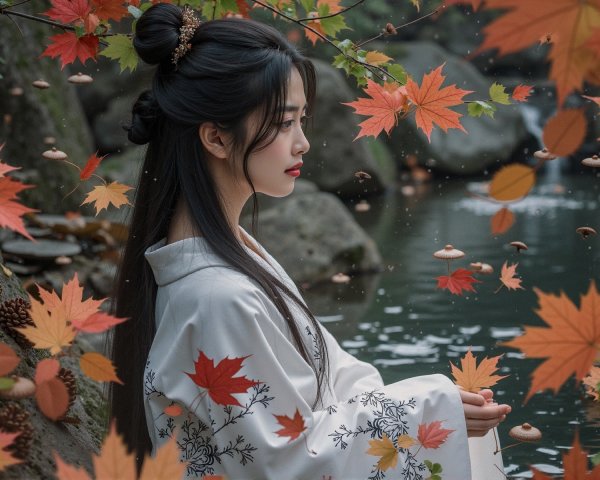 Serene Young Woman in Traditional Attire by Water
