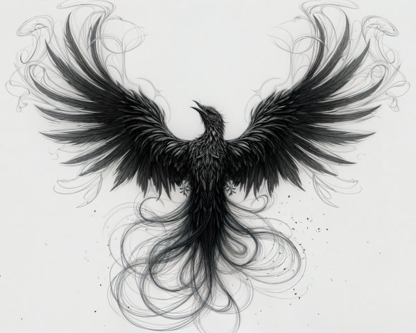 Intricate Black Phoenix Design with Ethereal Swirls