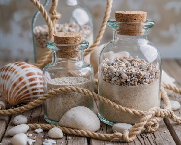 Glass Jars with Sand, Shells, and Nautical Decor