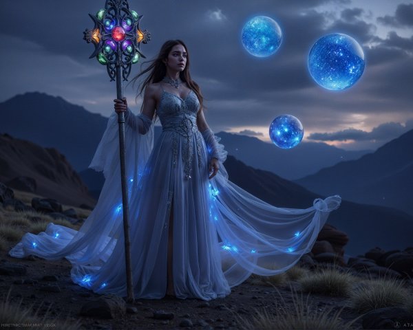 Young woman with staff in a twilight landscape