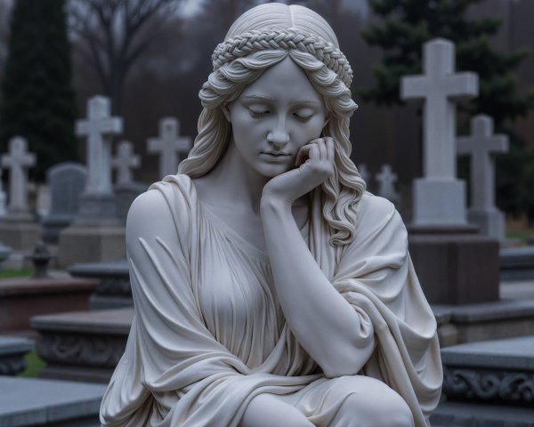 White Marble Statue of Woman in Cemetery Setting