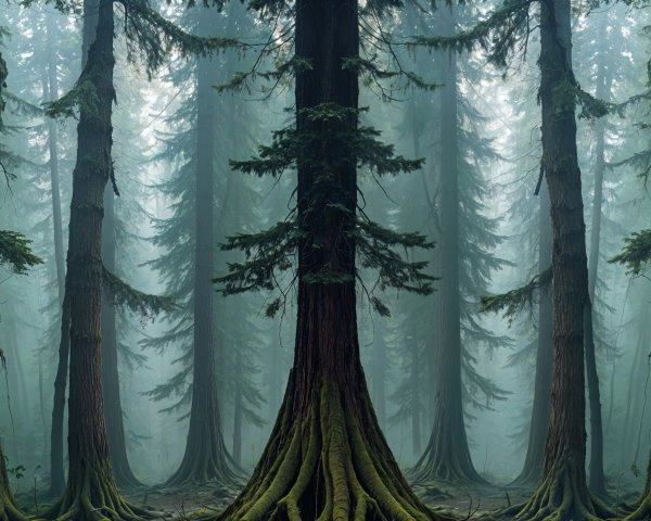 Serene forest scene with towering trees and mist