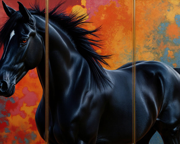 Majestic Black Horse Against Vibrant Orange and Blue