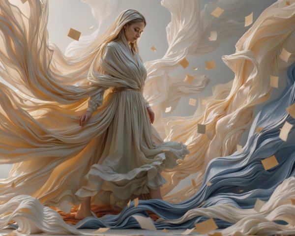 Woman in flowing silk fabric with serene lighting