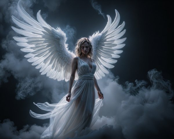 Majestic figure with luminous wings in ethereal setting
