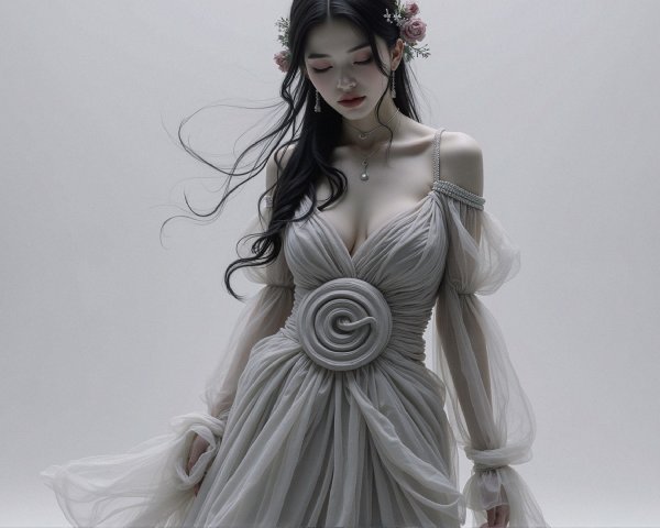 Gray Sheer Gown with Off-Shoulder Sleeves and Rosette