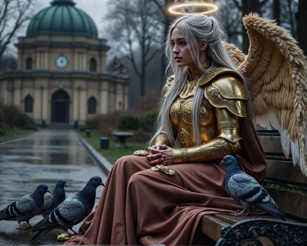 Serene figure in golden armor with feathered wings