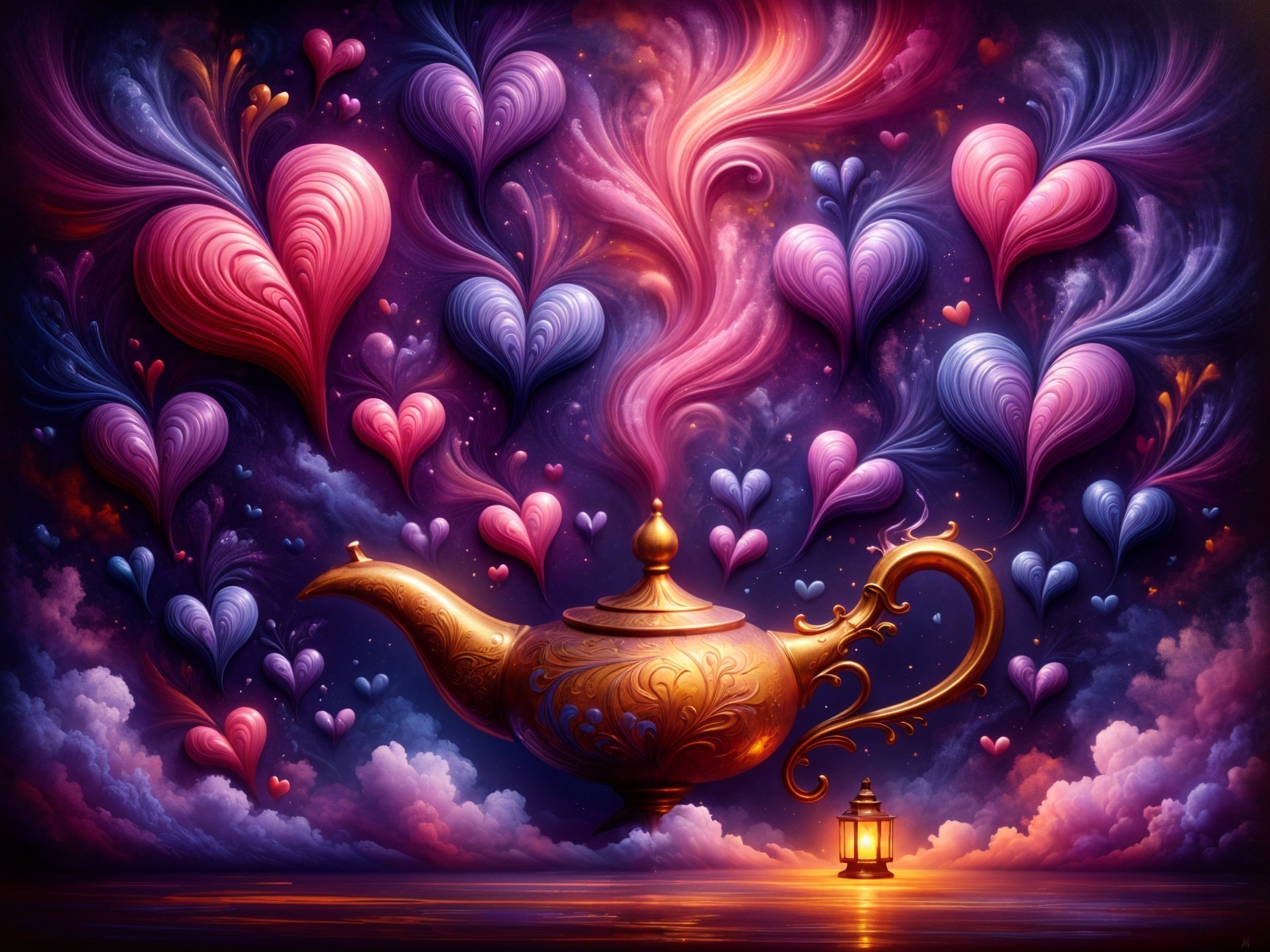 Ornate golden genie lamp with colorful heart smoke