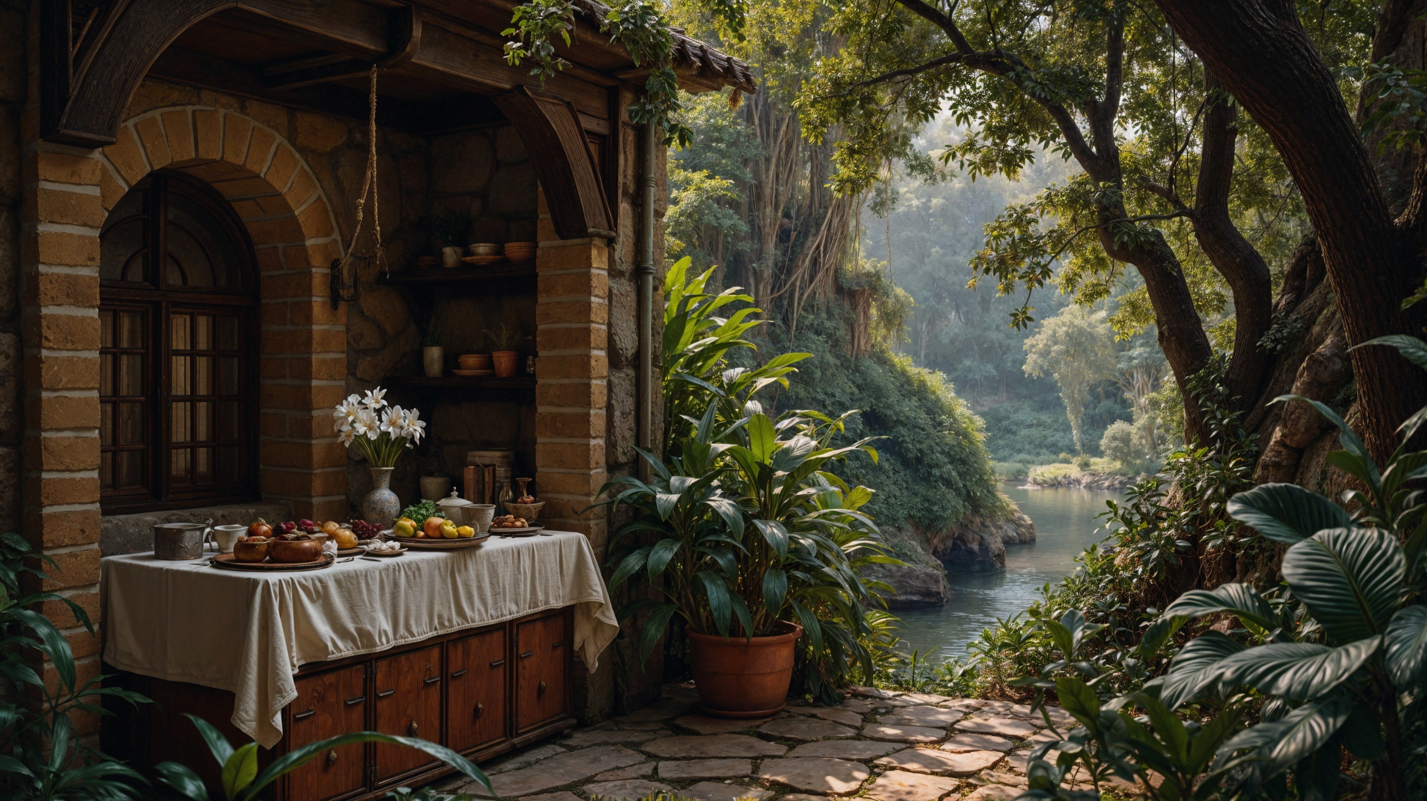 Rustic Outdoor Setting with Stone House and Feast