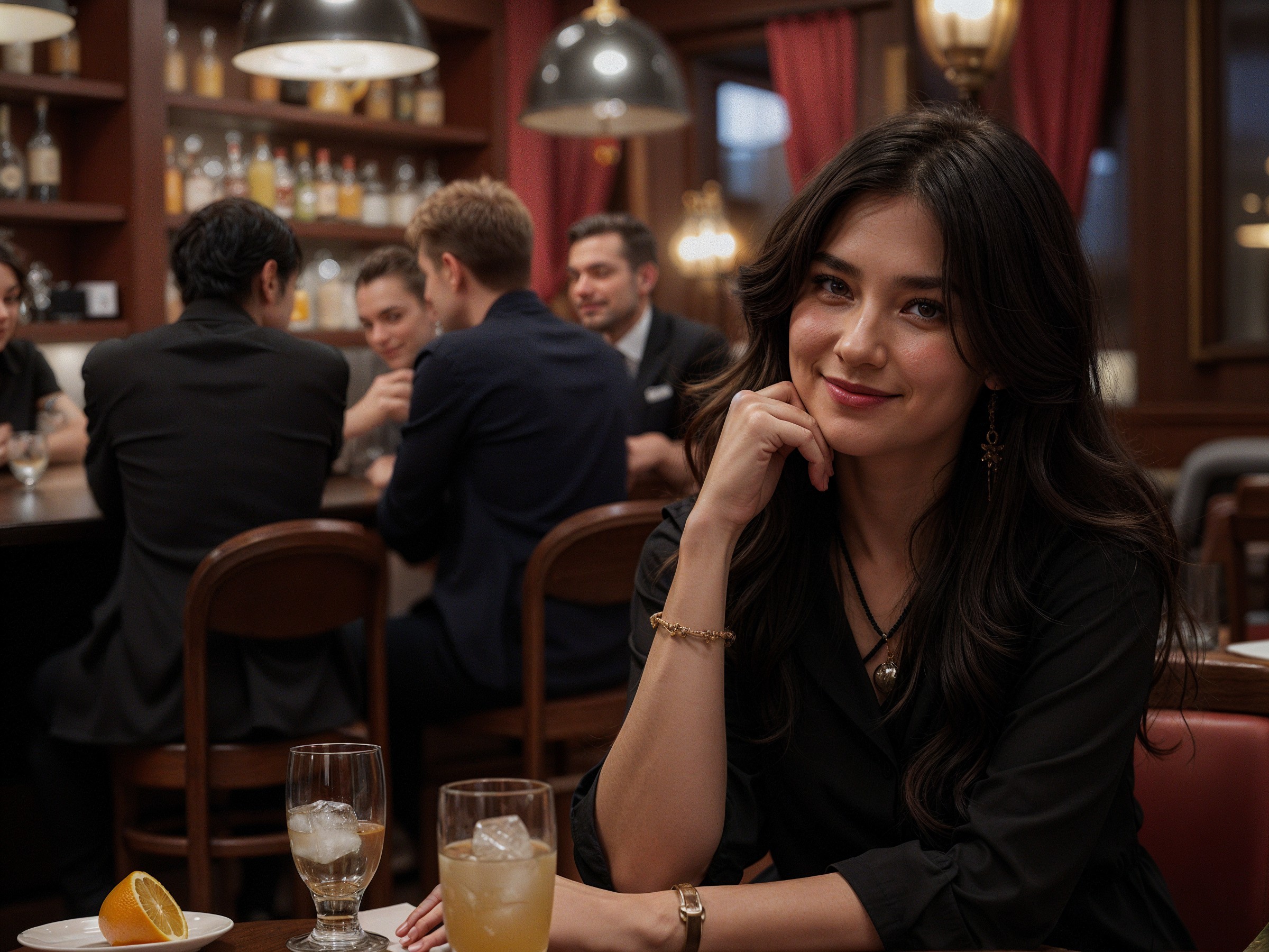Young Woman Smiling in Cozy Bar Setting with Friends