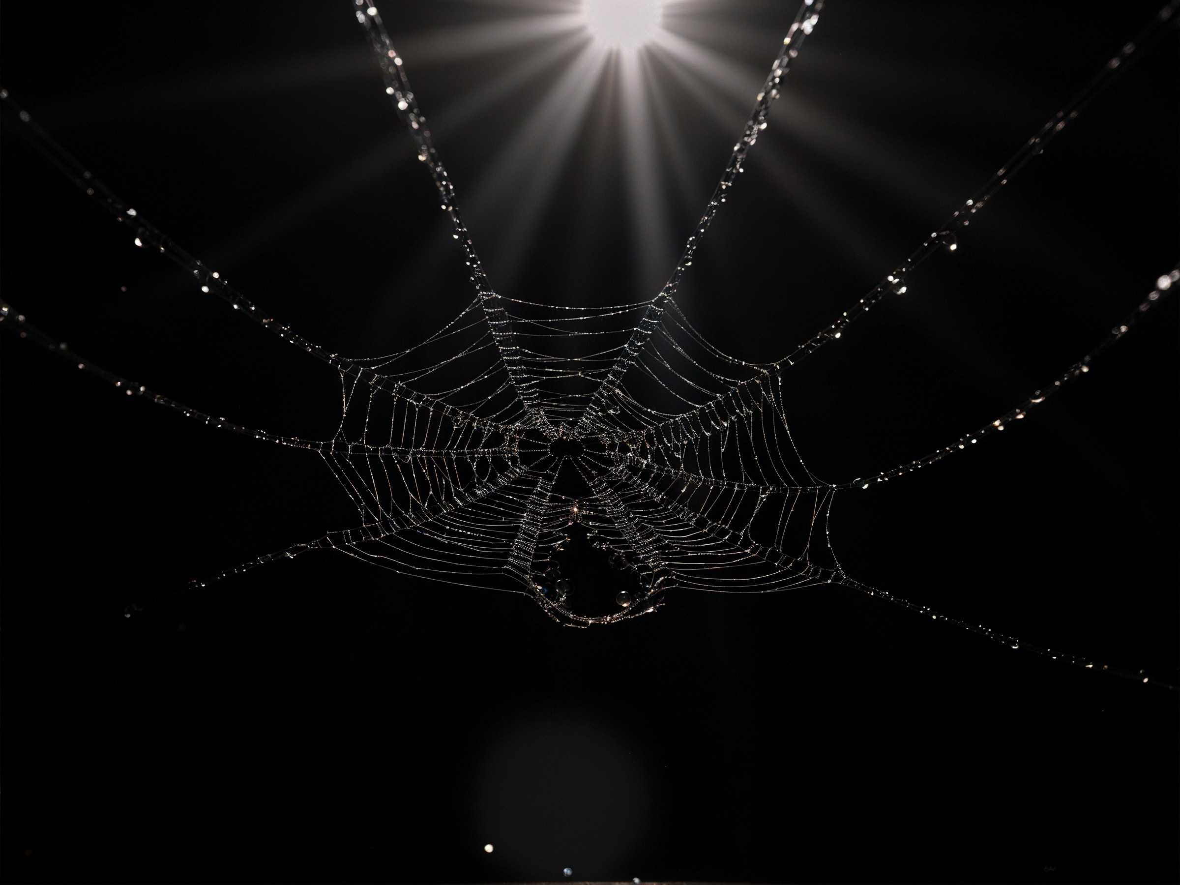 Delicate Spider Web with Water Droplets Against Darkness