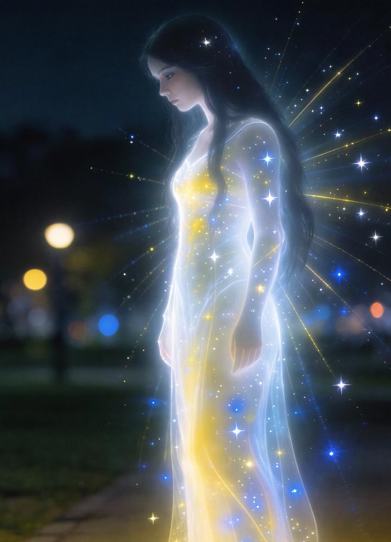 Wistful Woman in Ethereal Glowing Gown with Bokeh Lights