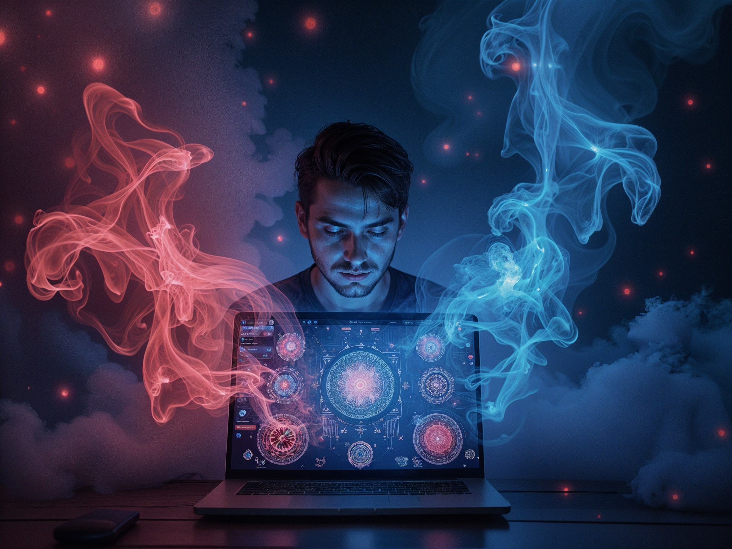 Young man with laptop amidst red and blue smoke