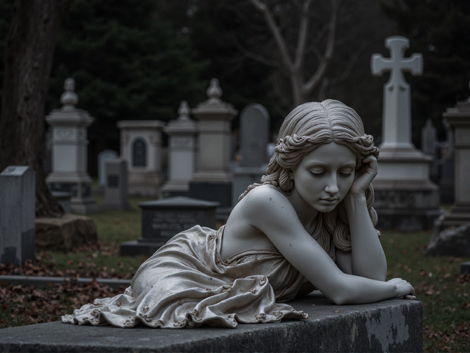 Marble Statue of Woman in Peaceful Cemetery Setting