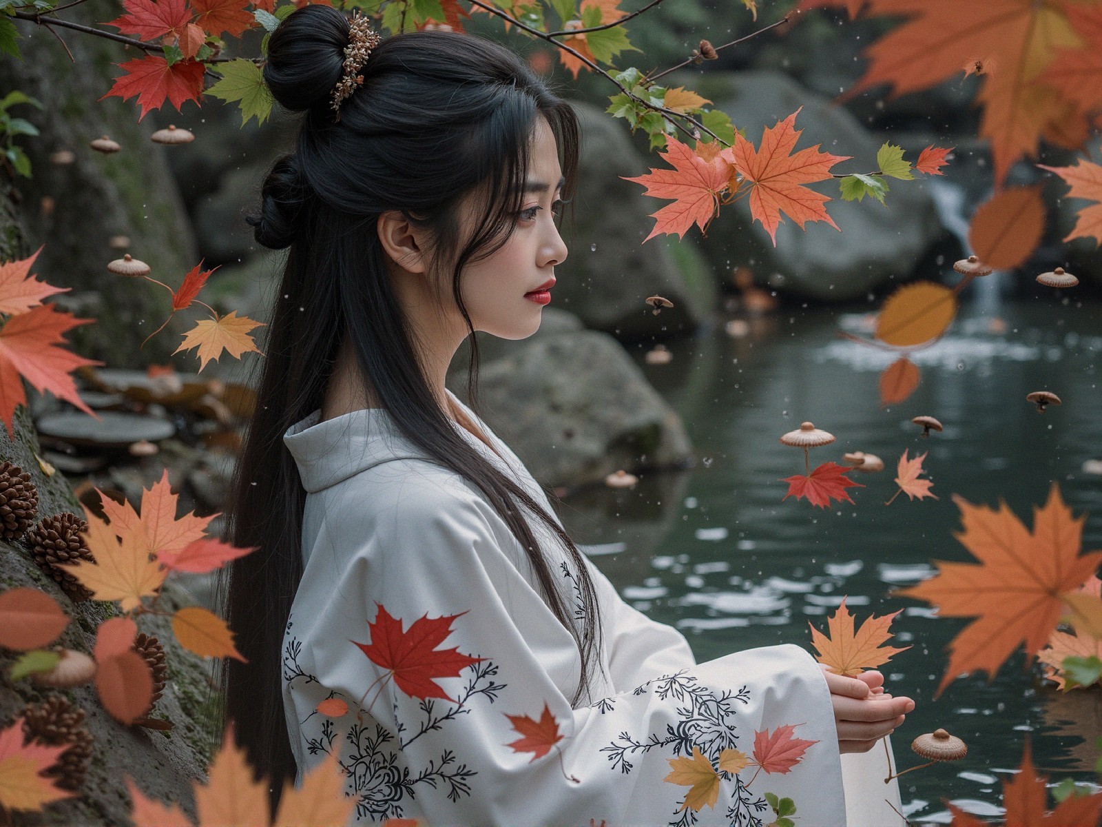 Serene Young Woman in Traditional Attire by Water