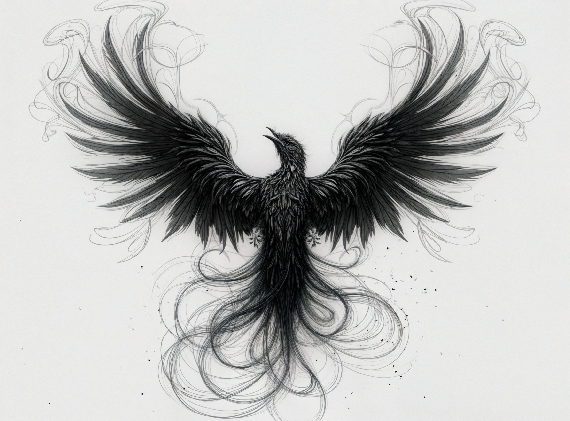 Intricate Black Phoenix Design with Ethereal Swirls