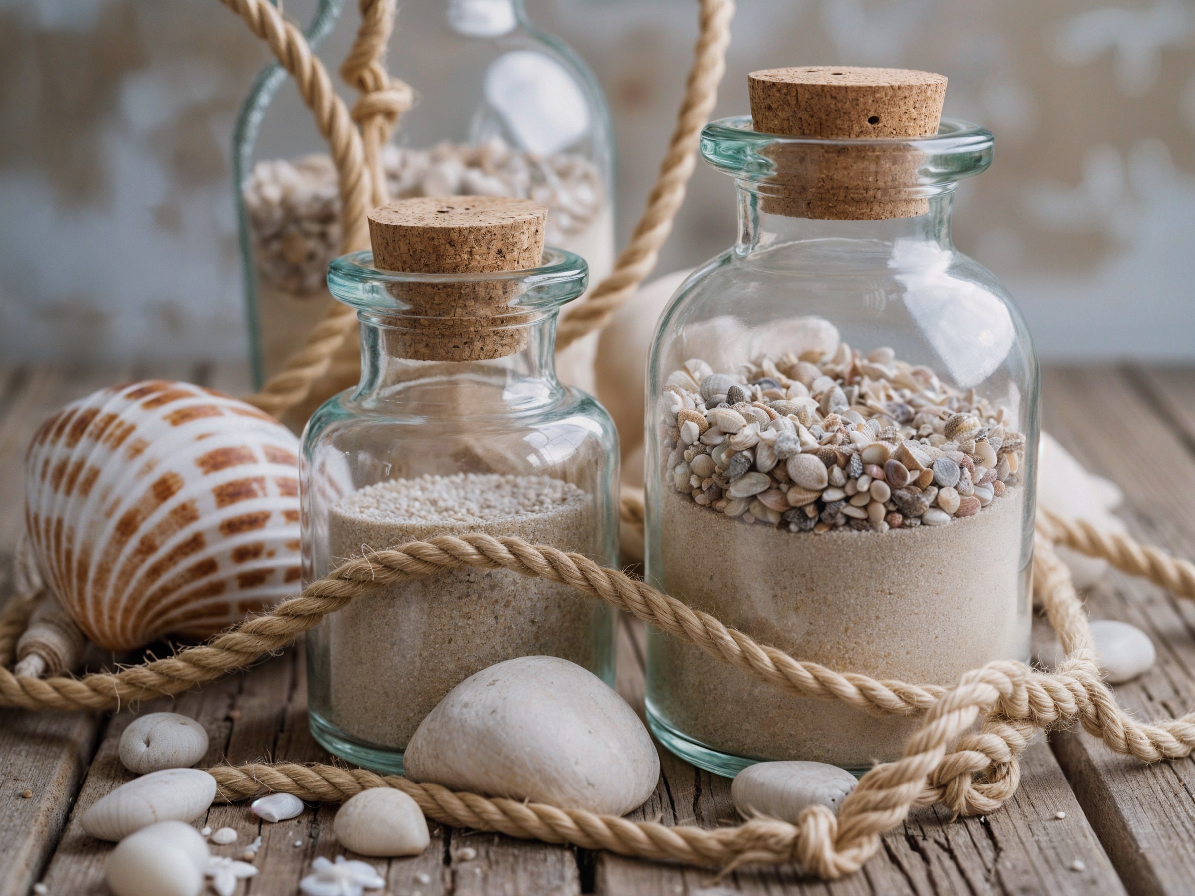 Glass Jars with Sand, Shells, and Nautical Decor