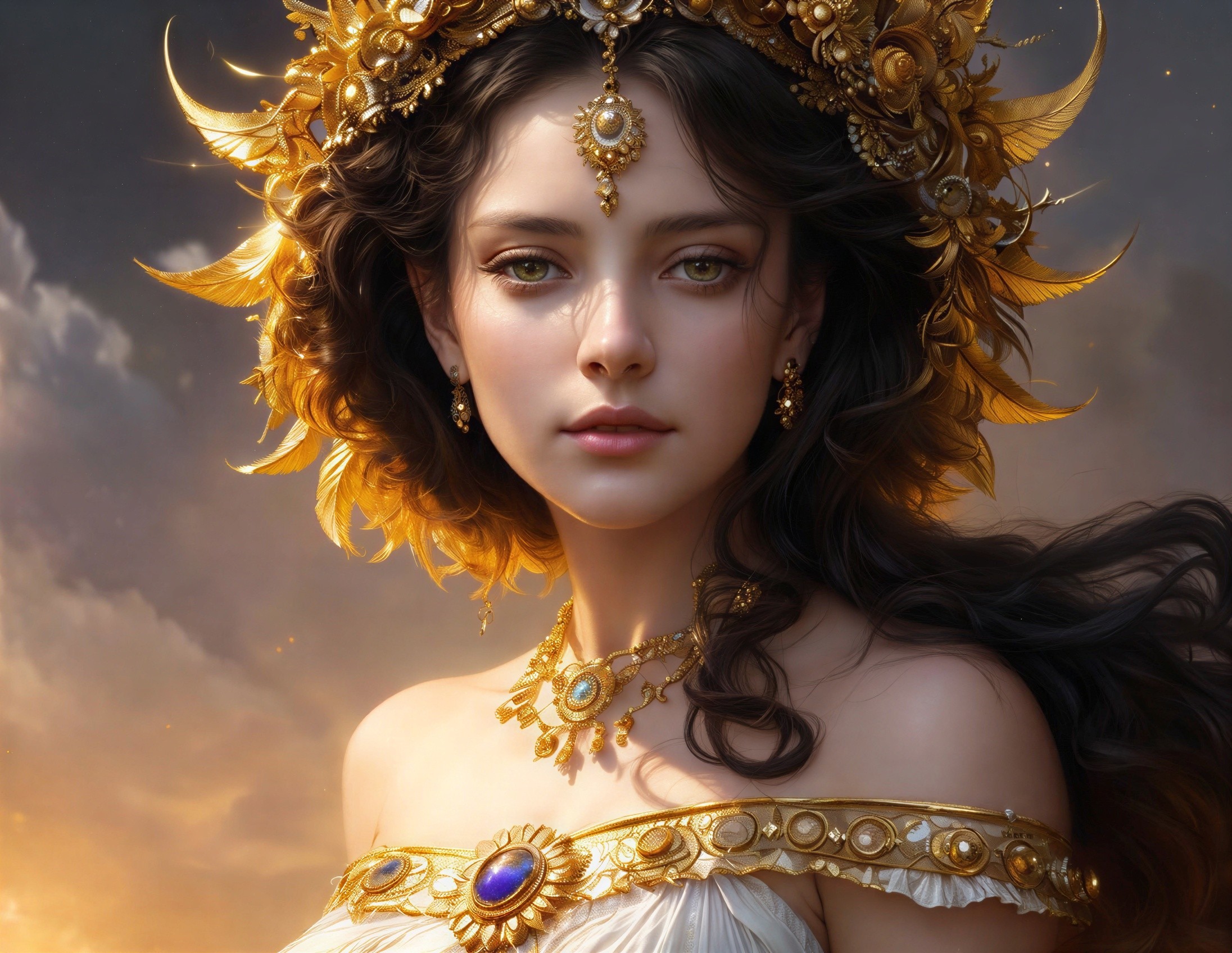 Goddess-like Woman with Gold Crown and Jewelry
