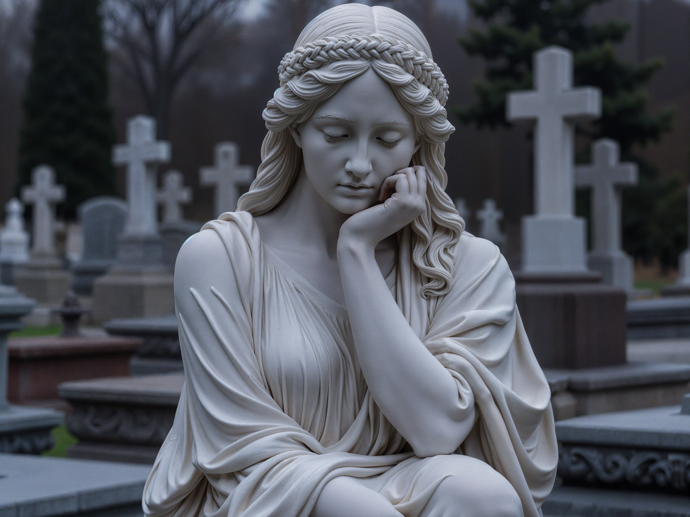 White Marble Statue of Woman in Cemetery Setting