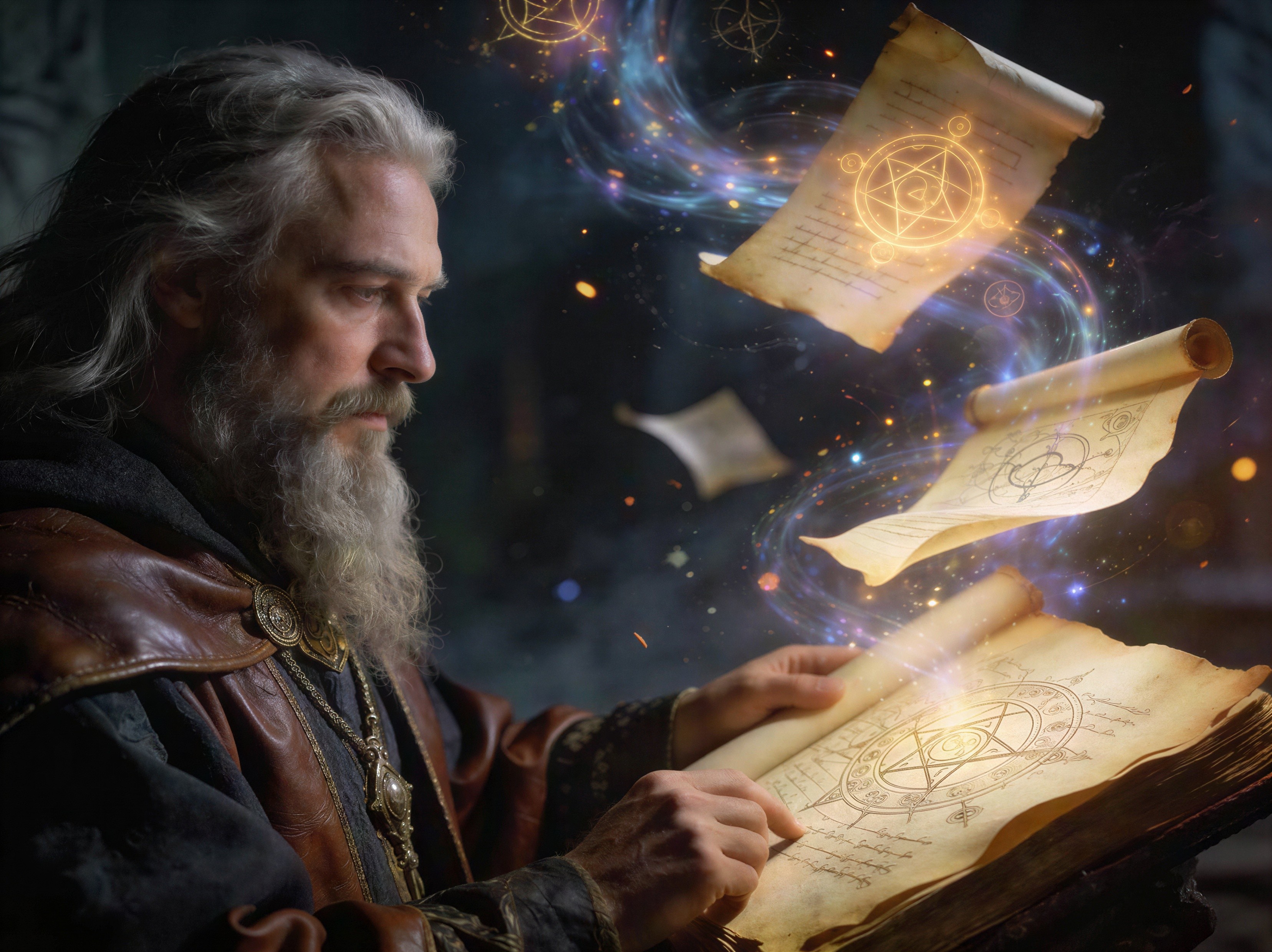 Old Wizard with Spell Book in Mystical Room