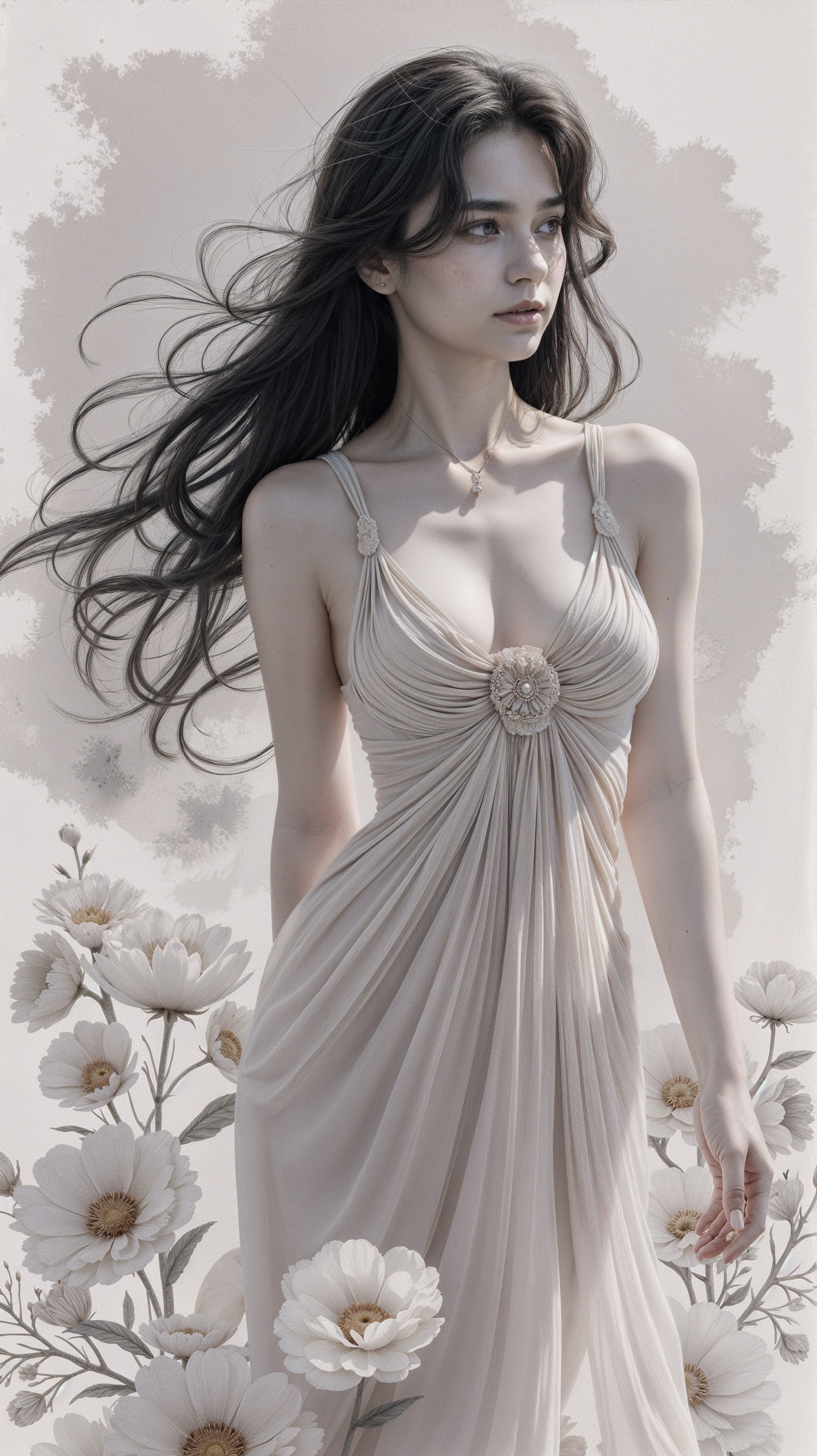 Elegant Woman in Floral Accents and Draped Dress
