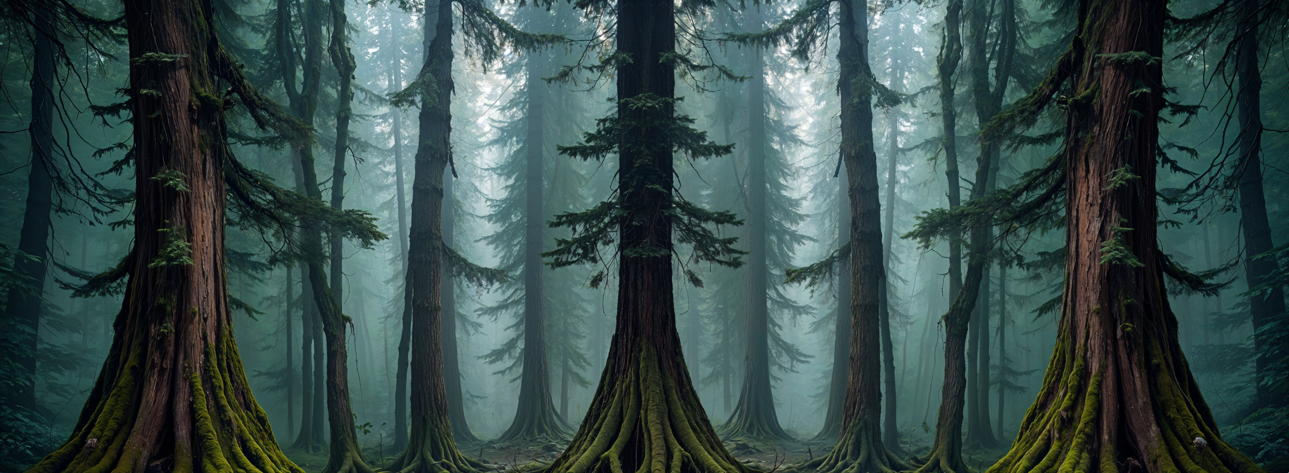 Serene forest scene with towering trees and mist