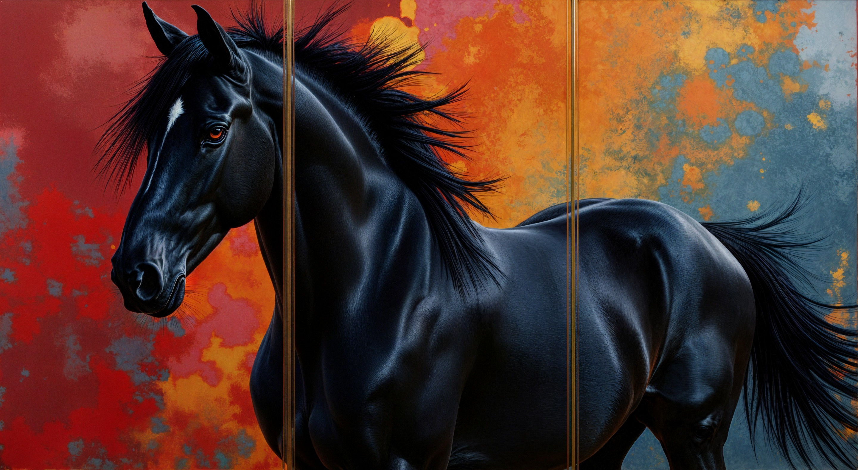 Majestic Black Horse Against Vibrant Orange and Blue