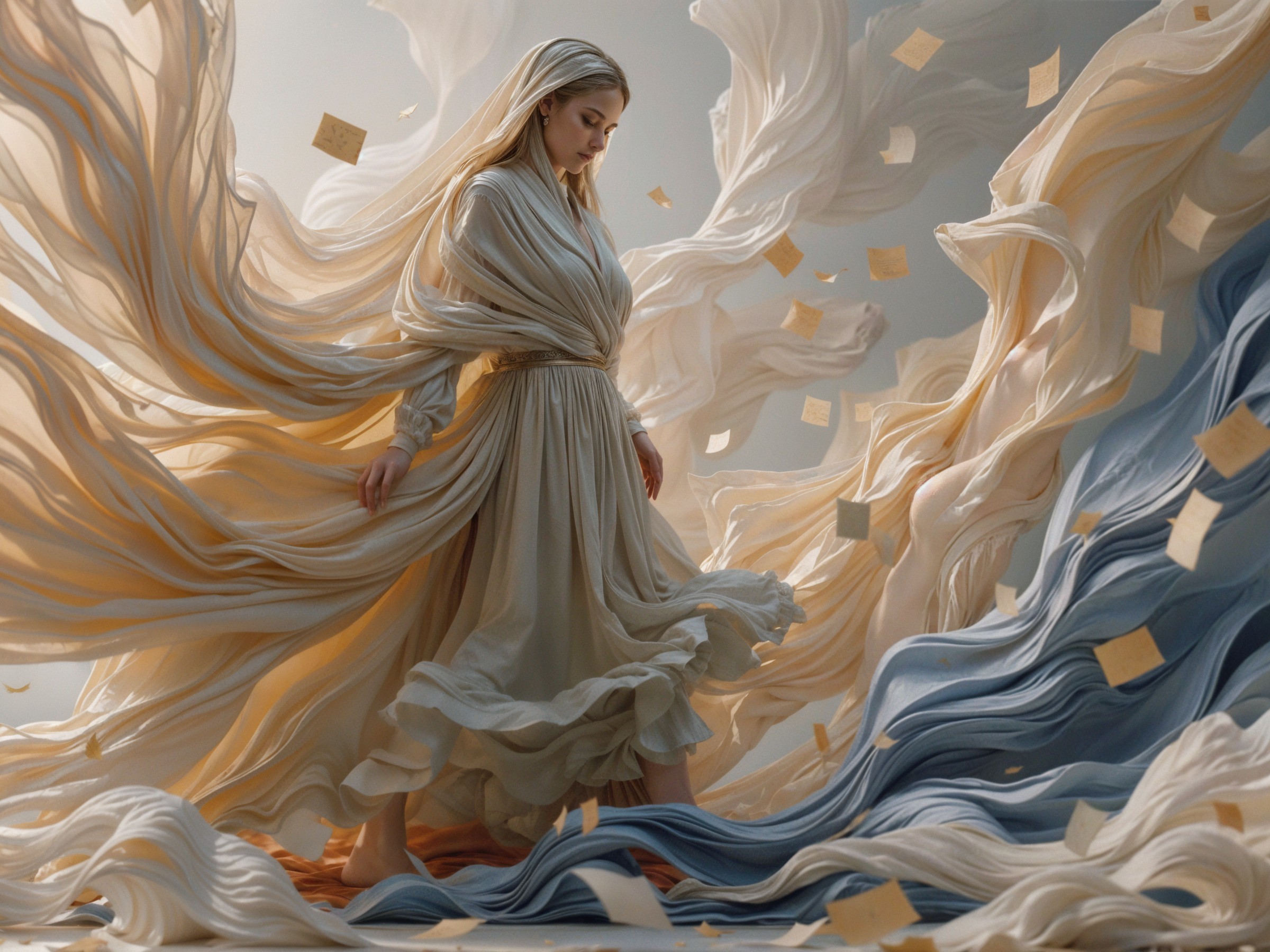 Woman in flowing silk fabric with serene lighting
